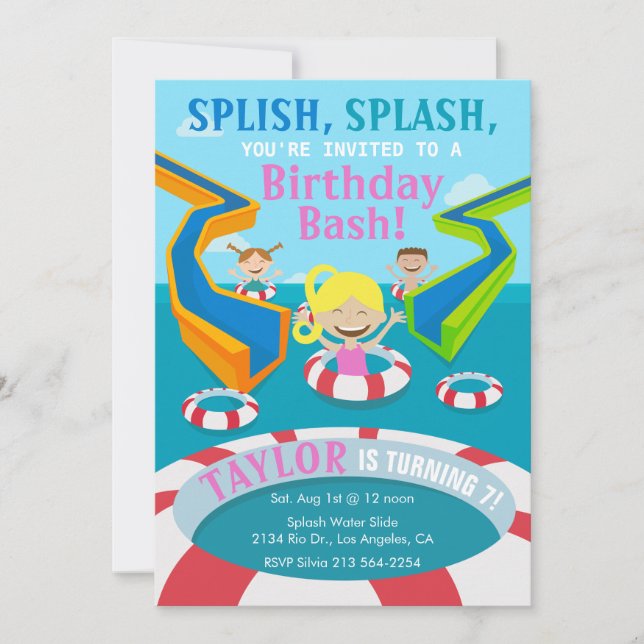 Water Park Girl Swimming Birthday Party Invitation (Front)