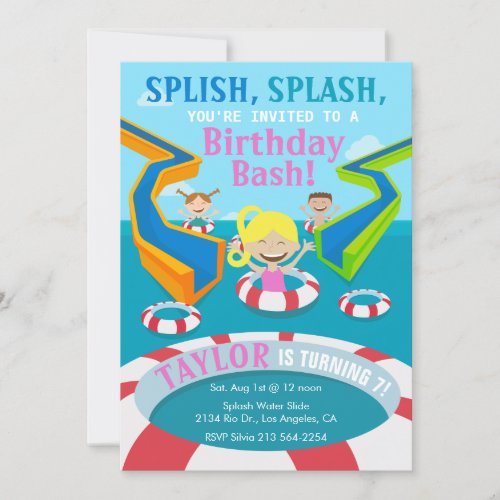 Water Park Girl Swimming Birthday Party Invitation