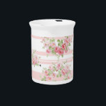 Water Pitcher in May Day sorbet pink stripe<br><div class="desc">A sweet sorbet pink horizontal stripe overlaid by luscious English pink roses,  with a bumble bee.</div>