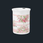 Water Pitcher in May Day sorbet pink stripe<br><div class="desc">A sweet sorbet pink horizontal stripe overlaid by luscious English pink roses,  with a bumble bee.</div>