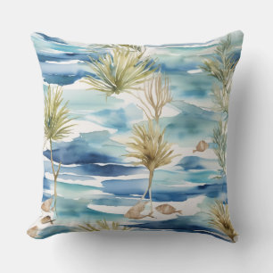 Water Plants Leaves & Fish  Aquarelle Decor Throw Pillow