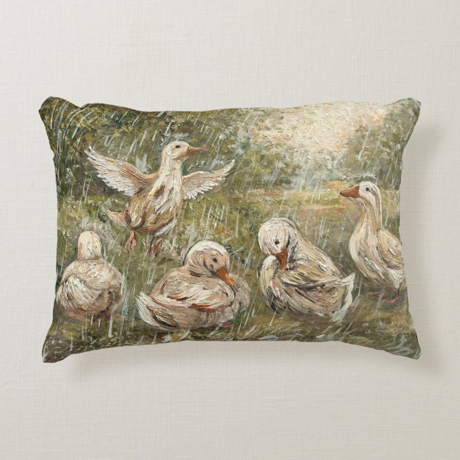 Water Play Whimsical Farmhouse Duck Family Pond Accent Pillow (Front)