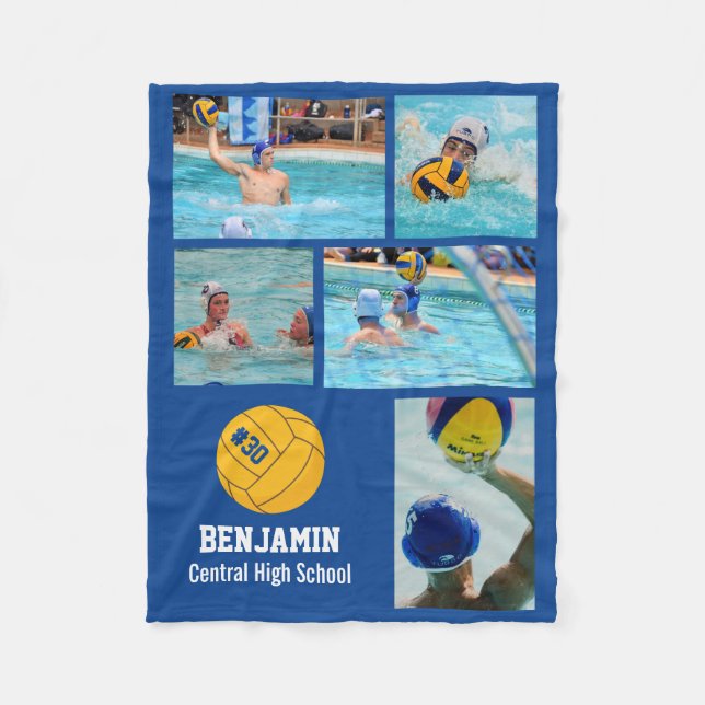 Water Polo 5 Photo Collage Name # Team Custom Fleece Blanket (Front)