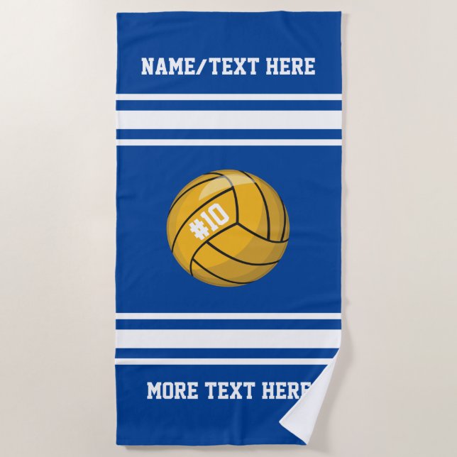 Water Polo Ball Team Player Name Number Custom Beach Towel (Front)