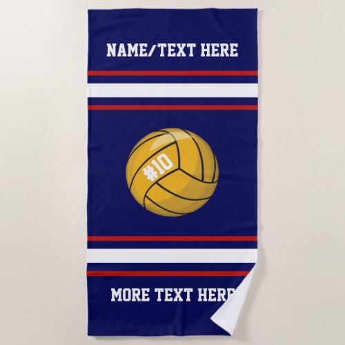 Water Polo Ball Team Player Name Red White Blue Beach Towel