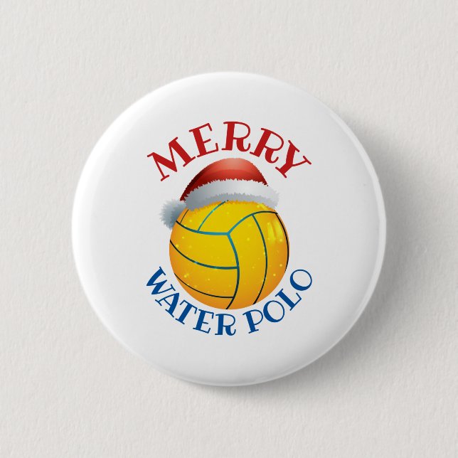 Water Polo Christmas Ball with Santa Hat Button (Front)