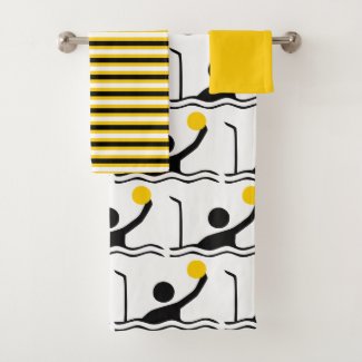 Water polo player silhouette black, yellow stripes bath towel set