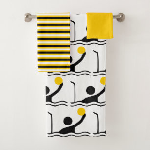 Water polo player silhouette black, yellow stripes bath towel set