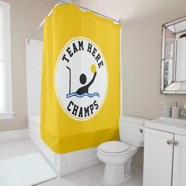 Water polo player yellow and black champs shower curtain (In Situ)