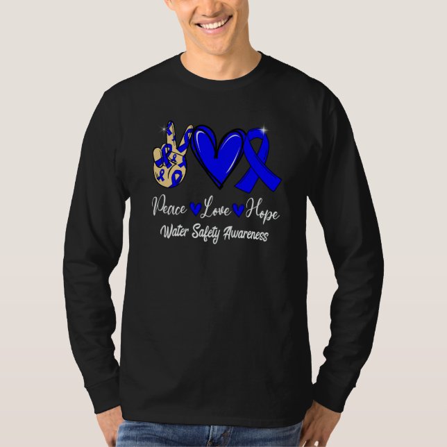 Water Safety Awareness Peace Love Hope Blue Ribbon T-Shirt (Front)