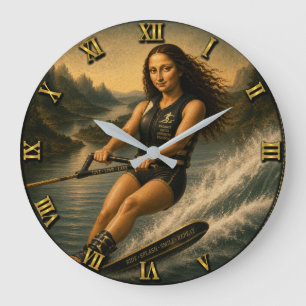 Water Skiing Funny Mona Lisa Gift for Lake & Water Large Clock