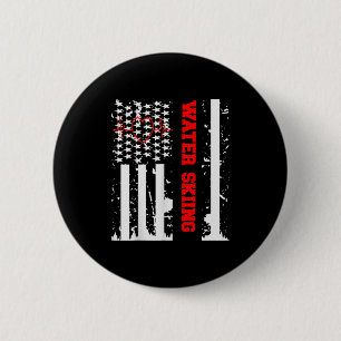 Water Skiing Graphic With Vintage Usa Flag For Wom Button