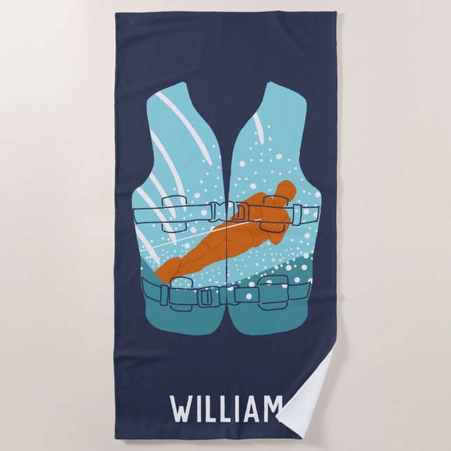 Water Skiing Life Jacket Graphic Personalized Beach Towel (Front)