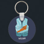 Water Skiing Life Jacket Graphic Personalized Keychain<br><div class="desc">Create a personalized gift that's perfect for water-skiers and water sports enthusiasts. This keychain features an illustration of a water-skier in orange, light blue and teal blue set in the shape of a life jacket vest against a navy blue background. Below is a spot to add a name in white...</div>