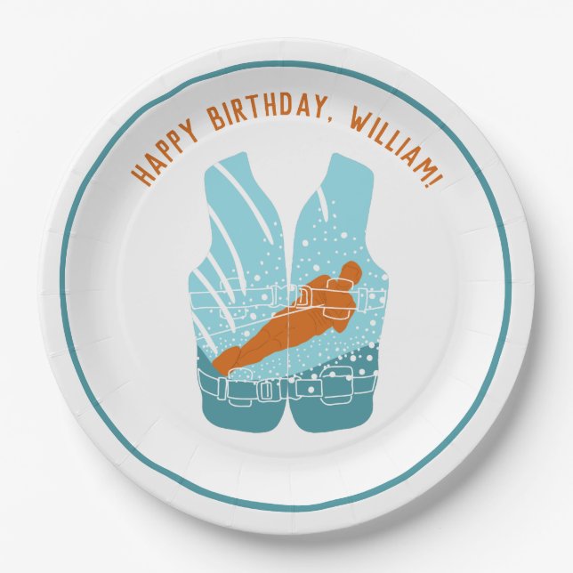 Water Skiing Life Jacket Graphic Personalized Paper Plates (Front)