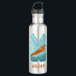 Water Skiing Life Jacket Graphic Personalized Stainless Steel Water Bottle<br><div class="desc">Create a personalized gift that's perfect for water-skiers and water sports enthusiasts. This water bottle features an illustration of a water-skier in orange,  light blue and teal blue set in the shape of a life jacket vest. Below is a spot to add a name in coordinating orange.</div>