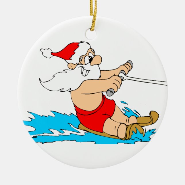 Water Skiing Santa Ceramic Ornament (Front)