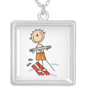 Water Skiing Stick Figure Silver Plated Necklace