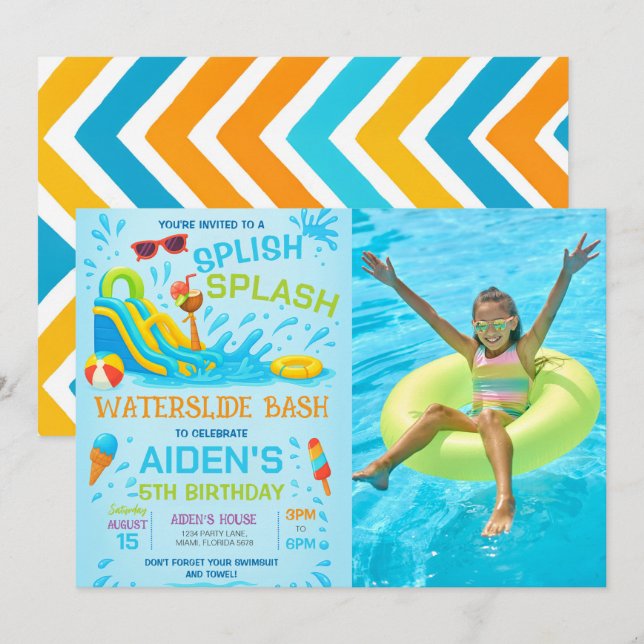 Water Slide Bash, Water Slide Birthday Photo Invitation (Front/Back)