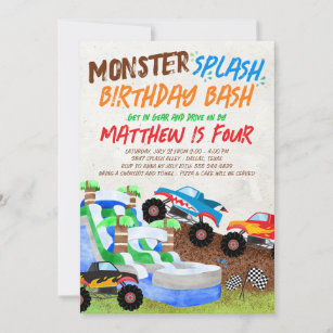 Water Slide Monster Truck Birthday Invitation