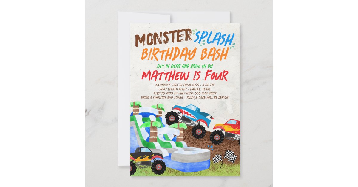 Water Slide Monster Truck Birthday Invitation 