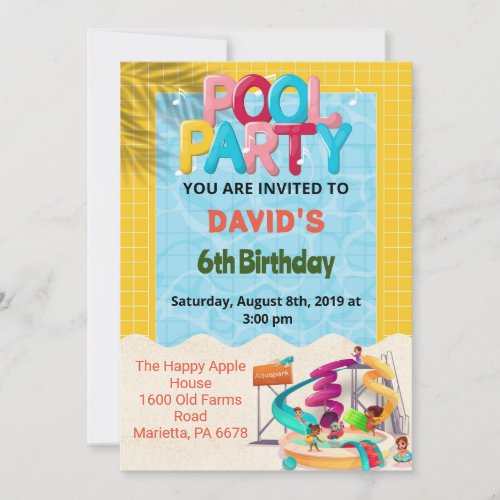 Water Slide Pool Party Birthday  Invitation