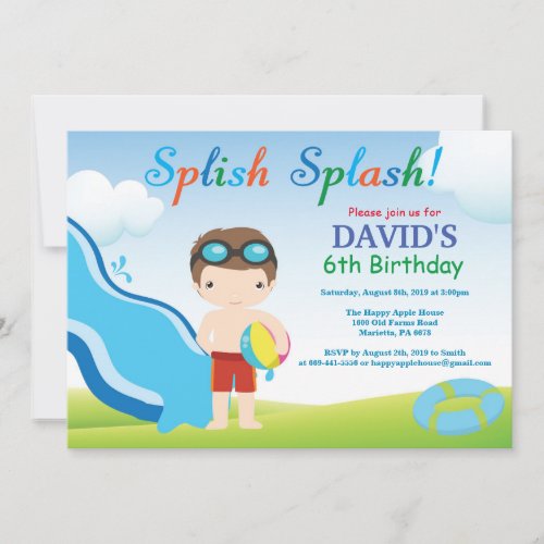 Water Slide Pool Party Birthday Invitation Boy