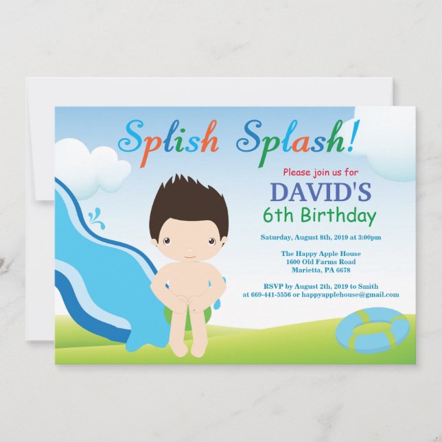 Water Slide Pool Party Birthday Invitation Boy (Front)