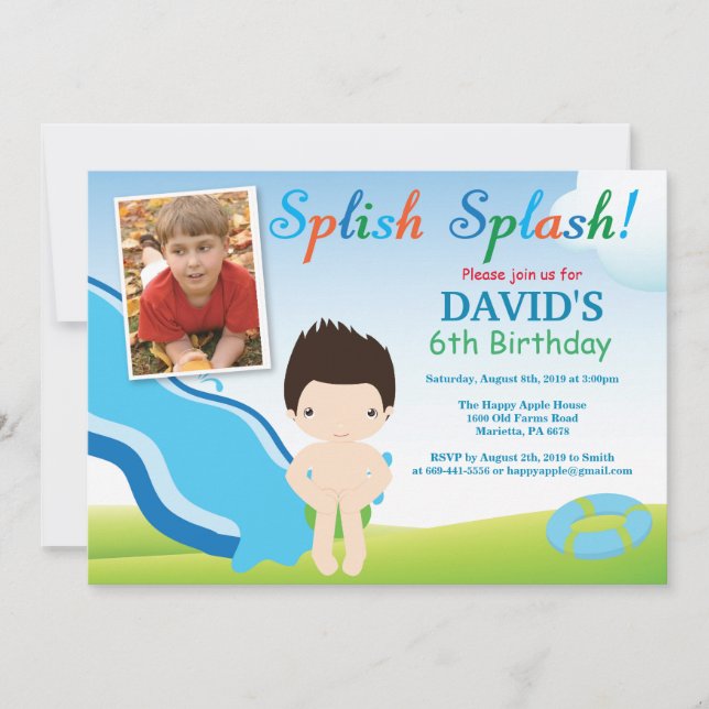 Water Slide Pool Party Birthday Invitation Boy (Front)