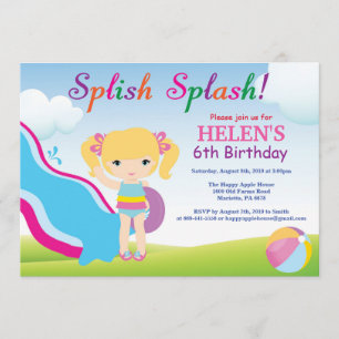Water Slide Pool Party Birthday Invitation Girl