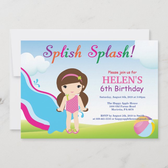 Water Slide Pool Party Birthday Invitation Girl (Front)