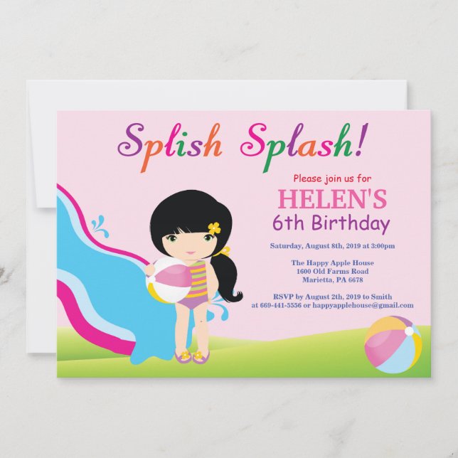 Water Slide Pool Party Birthday Invitation Girl (Front)