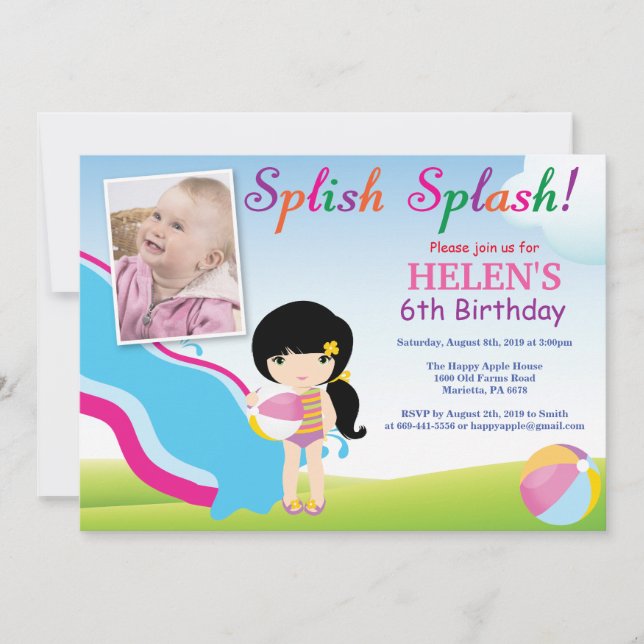 Water Slide Pool Party Birthday Invitation Girl (Front)