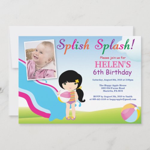 Water Slide Pool Party Birthday Invitation Girl