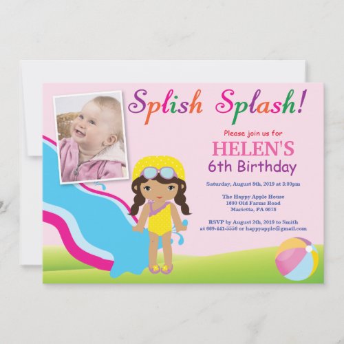 Water Slide Pool Party Birthday Invitation Girl