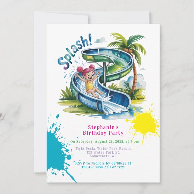 Water Slide Splah Girl Birthday Party  Invitation (Front)
