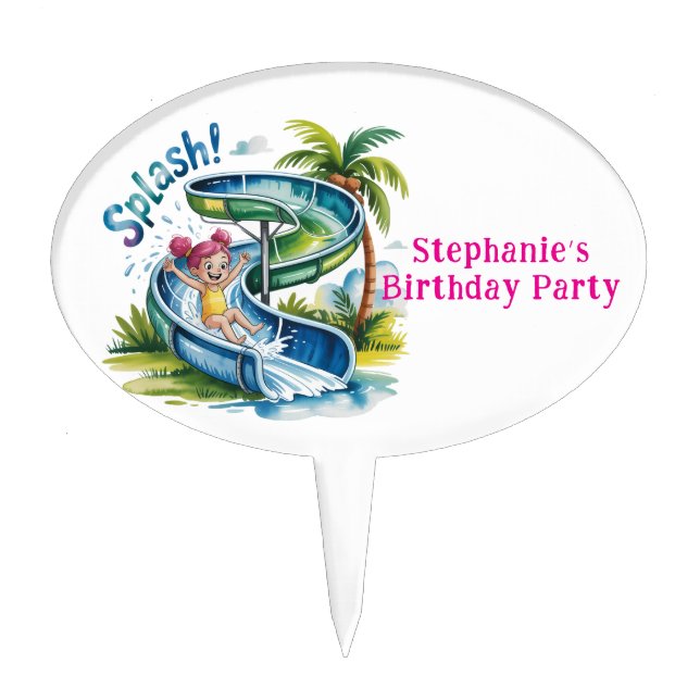 Water Slide Splash Girl Birthday Party  Cake Topper (Front)