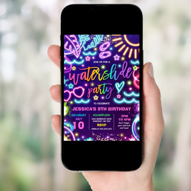 Water Slide Splash Pad Birthday Party Neon Glow Invitation (Front Digital)