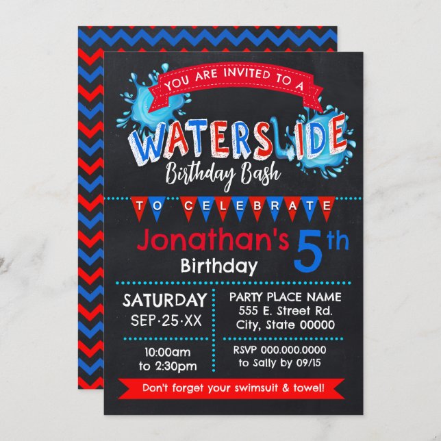 Water Slide Summer Birthday Party Red White Blue Invitation (Front/Back)