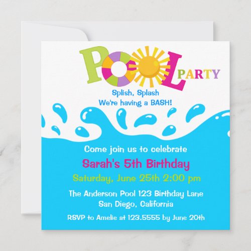 Water Splash Girl Pool Party Birthday Invitation