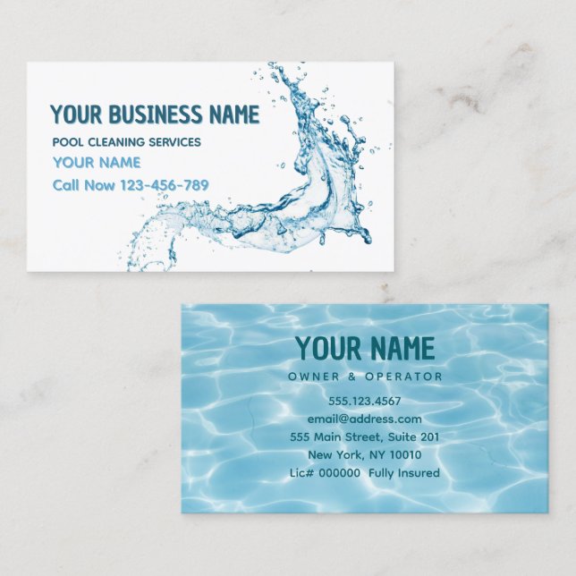 Water Splash Pool Cleaning Service Business Card (Front/Back)
