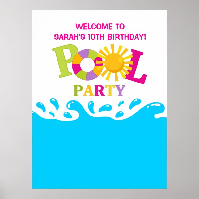 Water Splash Pool Party Girl Birthday Poster (Front)