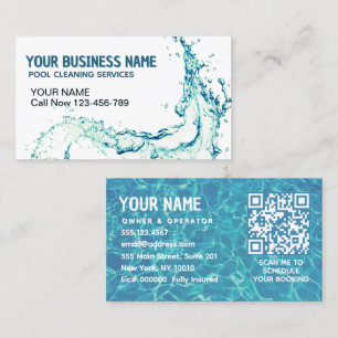 Water Splash QR Code Pool Cleaning Service Business Card