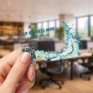 Water Splash QR Code Pool Cleaning Service Clear Business Cards