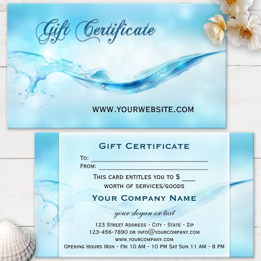 Customizable Water Splash Spa Gift Certificate Business Card