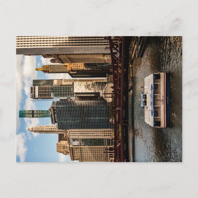 Water Taxi Passing Under Bridge Before Chicago Sky Postcard (Front)