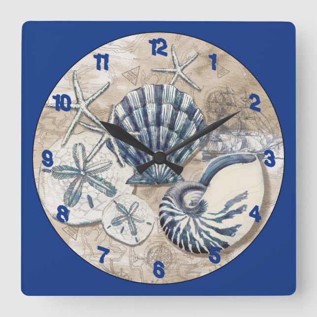 Water Themed Sea Shell Square Wall Clock (Front)