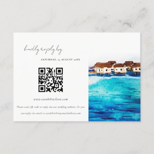 Water Villa Seascape Beach Wedding RSVP QR Code Enclosure Card
