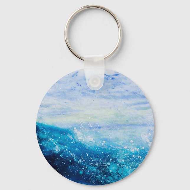 Water waves ocean wave blue teal painting keychain (Front)
