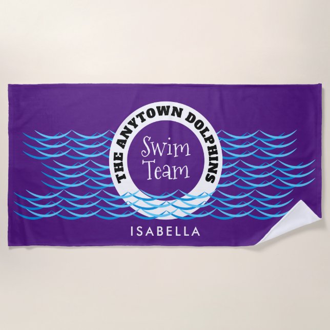 Water Waves Swim Team Personalized Purple Beach Towel (Front)